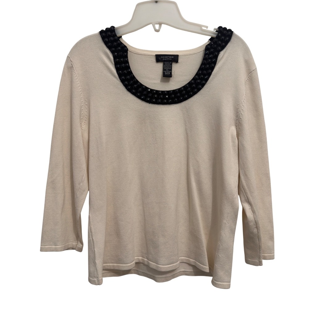 Spense Petite Silk Blend Sweater Ivory Black Beaded Scoop Neck 3/4 Sleeve PL